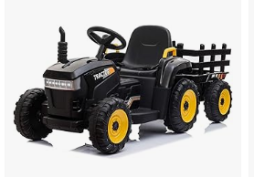 Kids Electric Vehicles - TOBBI Kids Electric Ride On Toy Tractor, 12v Battery-Powered 4 Wheels Ride On Car with Trailer for Toddlers 3-6 Years-Black
