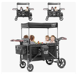 Best Wagons for Kids - 4 Seater Wagon Stroller,Foldable All-Terrain Quad Wagon Stroller with Canopy, Detachable Tray, Adjustable Handle